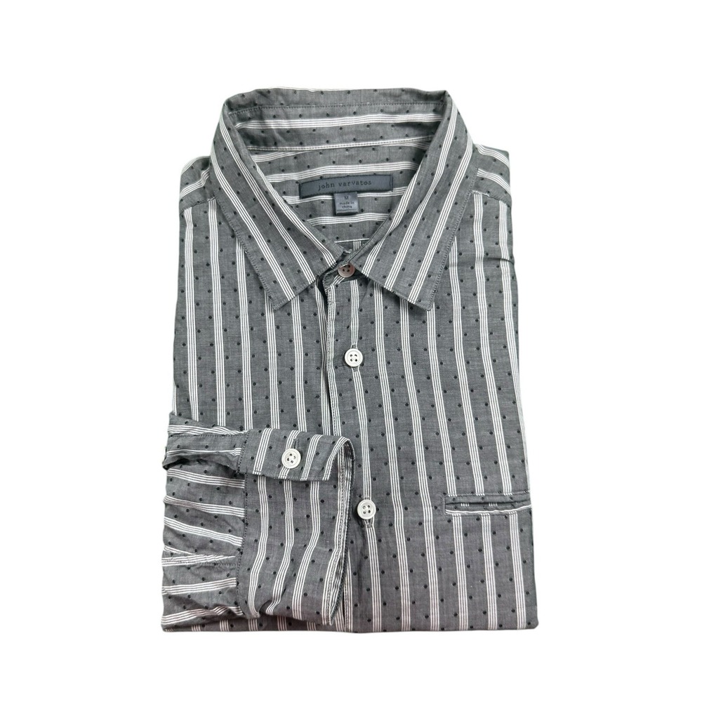 John Varvatos Collection Gray Dot Stripe AOP L/S Cotton Button Front Size Medium